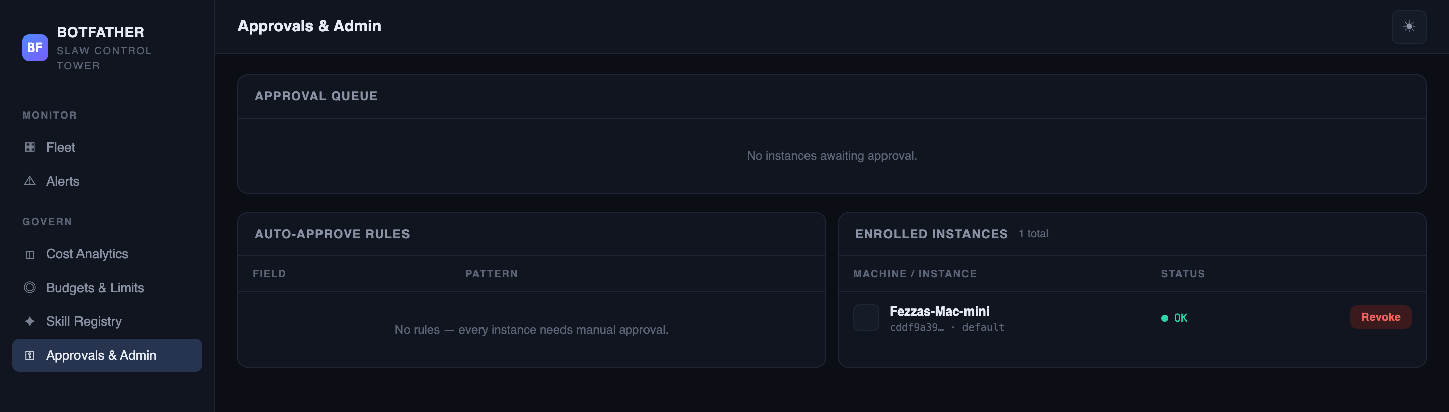 Approvals &amp; Admin showing the approval queue, auto-approve rules, and enrolled instances